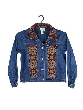 Womens Coldwater Creek Blue Denim Jacket Tapestry Panels Boho Chic Cotton Size L